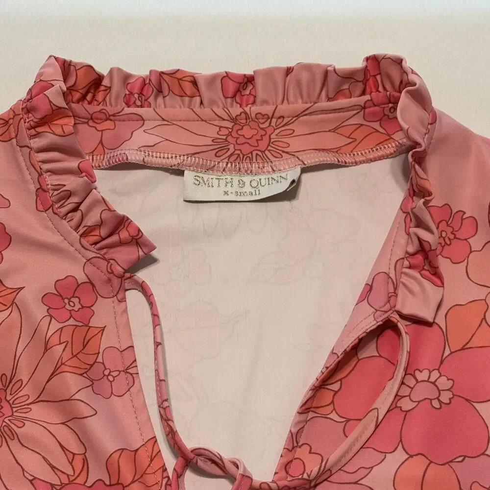 SMITH & QUINN High smocked/ruffled split 60’s Retro Pink Floral Dress Size XSm - Picture 14 of 14